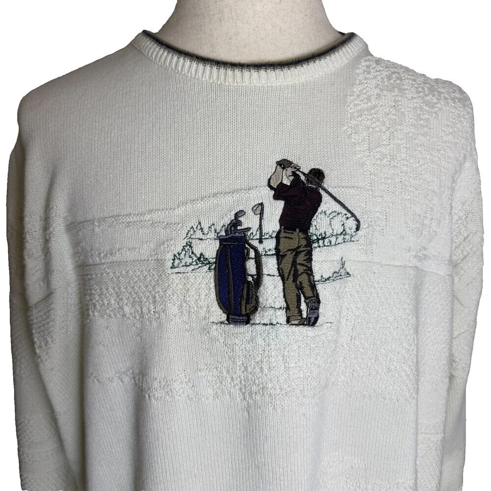 Vintage Pinnacle Men's Golf Sweater, Sz XXL, Embroidered Golfer, Beige and Cream